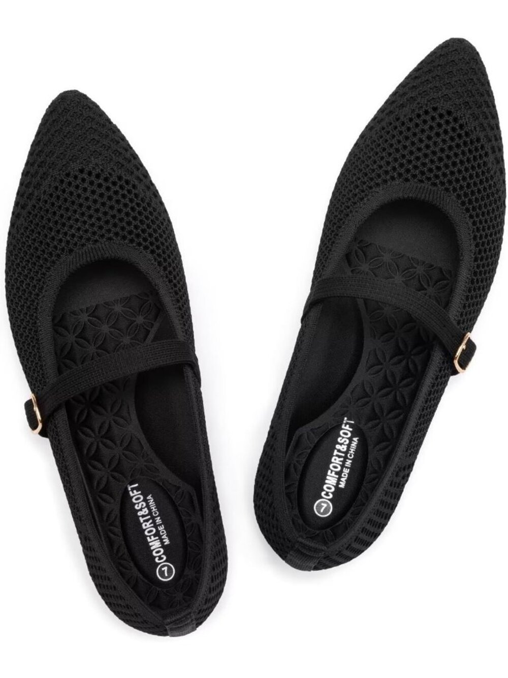 Women's Black Mesh Mary Jane Pointed Toe Lightweight Knit Washable Flat Shoes
